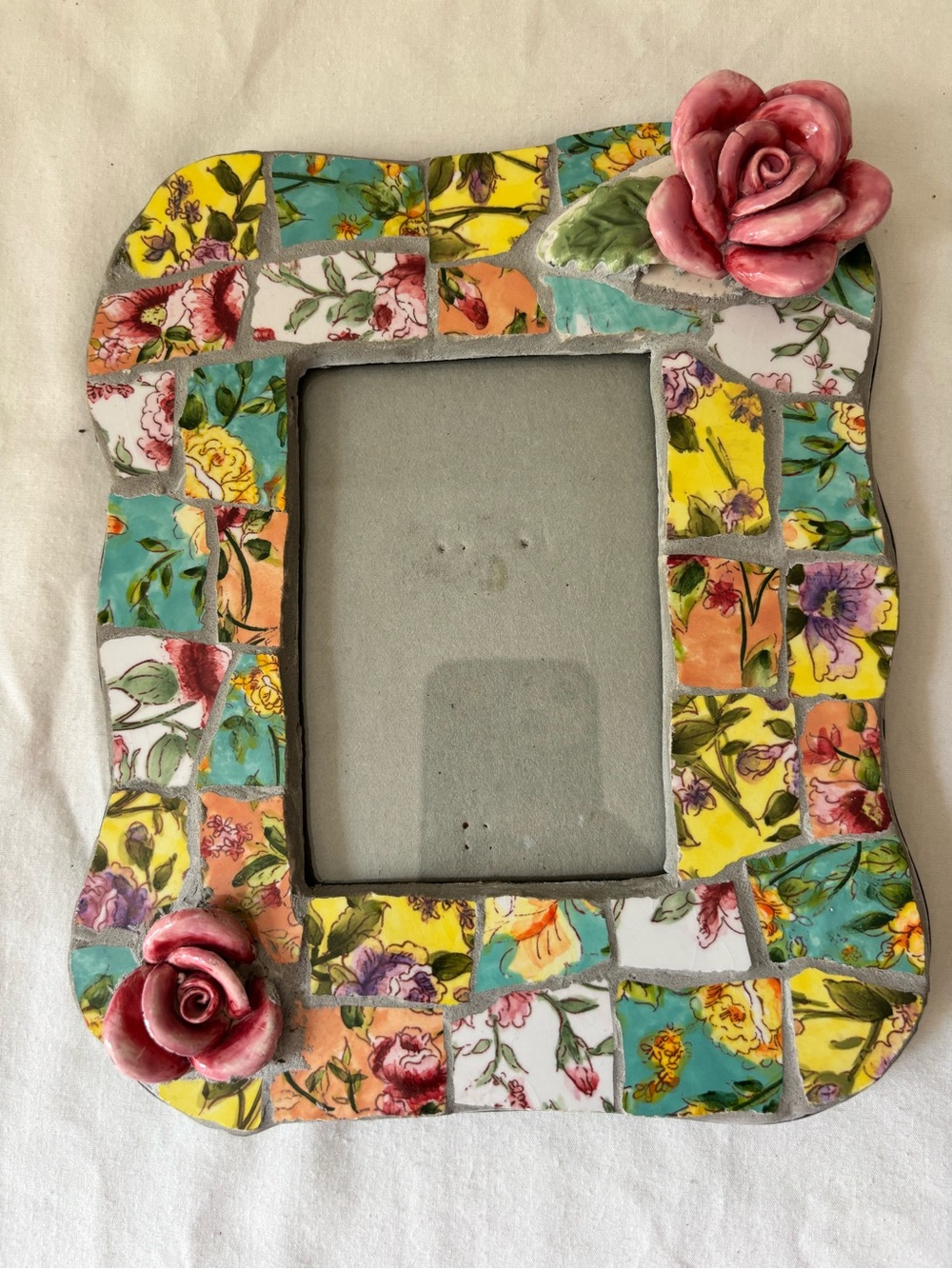 Mosaic Floral Ceramic Photo Frame with Pink Rose Accents